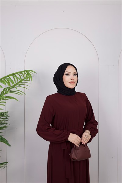 Kuşak Detay Volanlı Ferace | Bordo