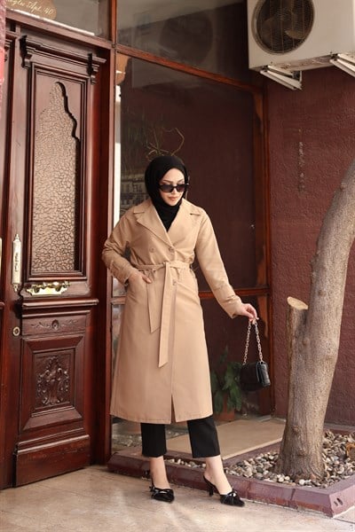 Kuşak Detaylı Kısa Trençkot | Açık Kahve