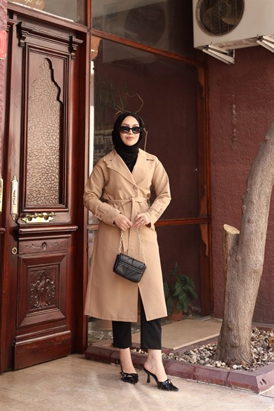 Kuşak Detaylı Kısa Trençkot | Açık Kahve