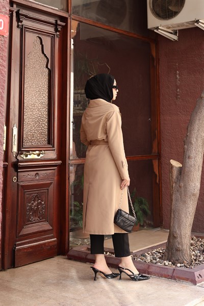 Kuşak Detaylı Kısa Trençkot | Açık Kahve