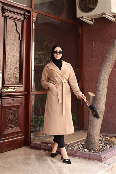 Kuşak Detaylı Kısa Trençkot | Açık Kahve