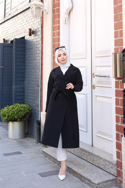 Kuşak Detaylı Kısa Trençkot | Siyah