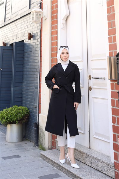 Kuşak Detaylı Kısa Trençkot | Siyah