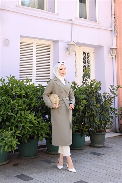 Kuşak Detaylı Kısa Trençkot | Su Yeşili