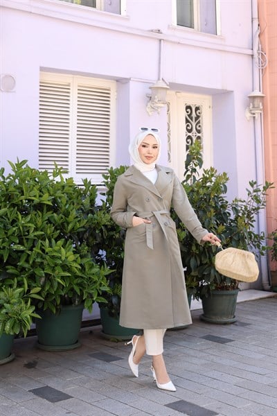 Kuşak Detaylı Kısa Trençkot | Su Yeşili