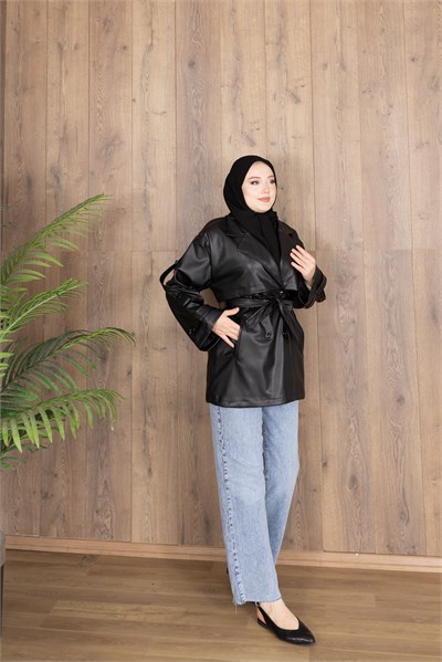 Kuşaklı Oversize Apoletli Deri Ceket | Siyah