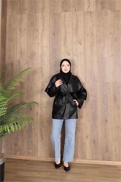 Kuşaklı Oversize Apoletli Deri Ceket | Siyah
