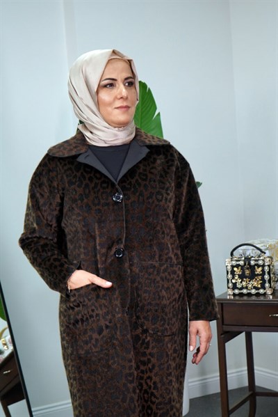 SHENAY Leopar Desenli Uzun Kaşe Kaban