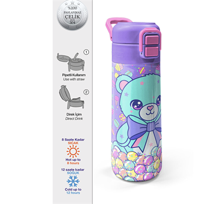 Coral High 38105 Mor Yeşil Ayıcık Desenli Çelik Termos 500 ml