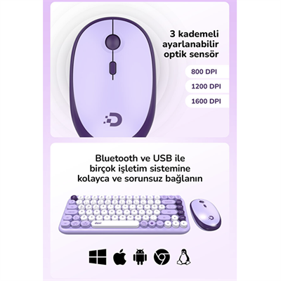 Daxi MK-340 Bluetooth Kablosuz Klavye Mouse Set Lavanta Retro