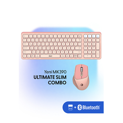 Daxi MK-390 Kablosuz Klavye Set Pembe Retro Tuş Bluetooth/WiFi 3 Cihaz