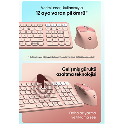 Daxi MK-390 Kablosuz Klavye Set Pembe Retro Tuş Bluetooth/WiFi 3 Cihaz