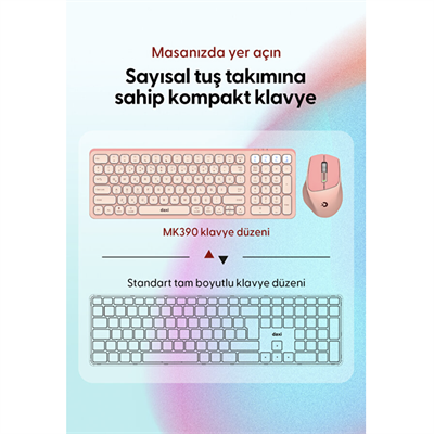 Daxi MK-390 Kablosuz Klavye Set Pembe Retro Tuş Bluetooth/WiFi 3 Cihaz