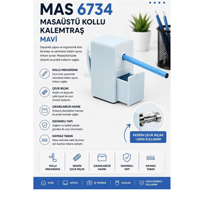 Mas Kollu Masa Tipi Plastik Kalemtraş Küçük Mavi
