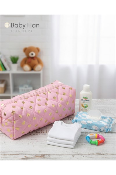 Premium Altın Yaldızlı Kalp Desenli Büyük Boy Anne & Bebek Bakım Çantası