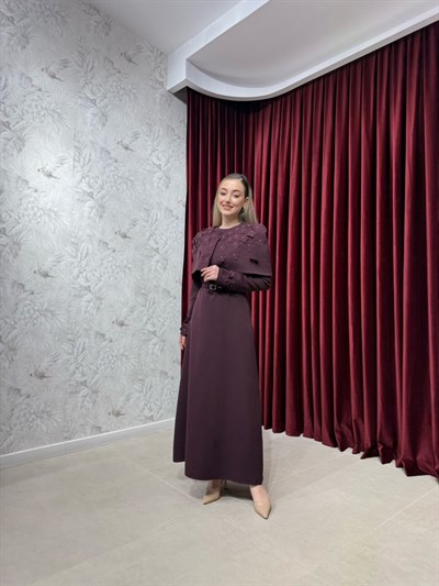 BBC PELERİNLİ ELBİSE - BORDO