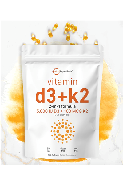 Micro Ingredients Vitamin D3 5,000 IU + K2 MK-7 100 mcg, 300 Softgels  Vitamins D - K Complex  Extra Strength, Easy to Swallow, Non-GMO, Gluten Free.