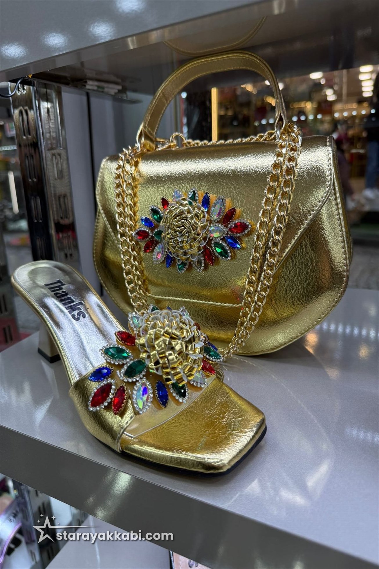 Gold Taşlı Kadın Ayakkabı Çanta Kombini