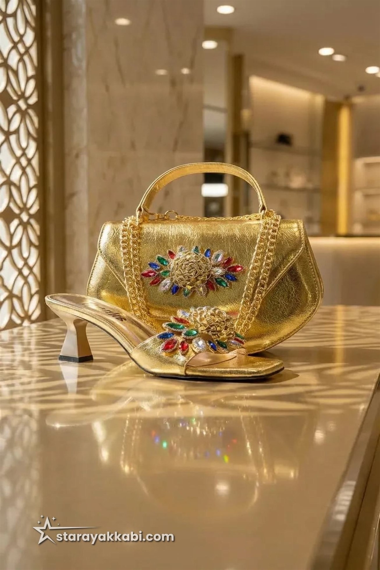 Gold Taşlı Kadın Ayakkabı Çanta Kombini