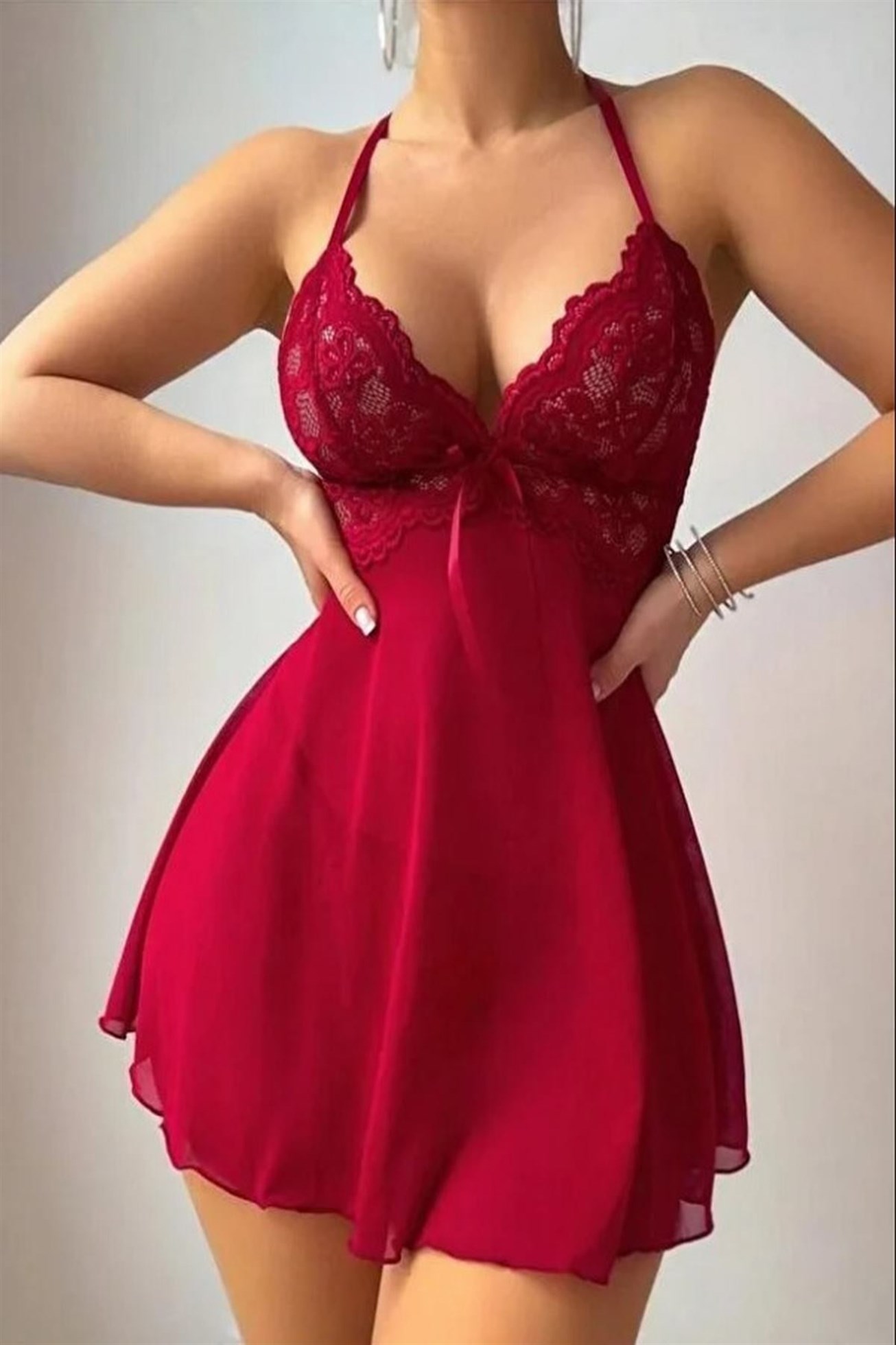 Kadın Kırmızı Dantel Detaylı İp Askılı Fiyonklu Fantezi Babydoll Gecelik