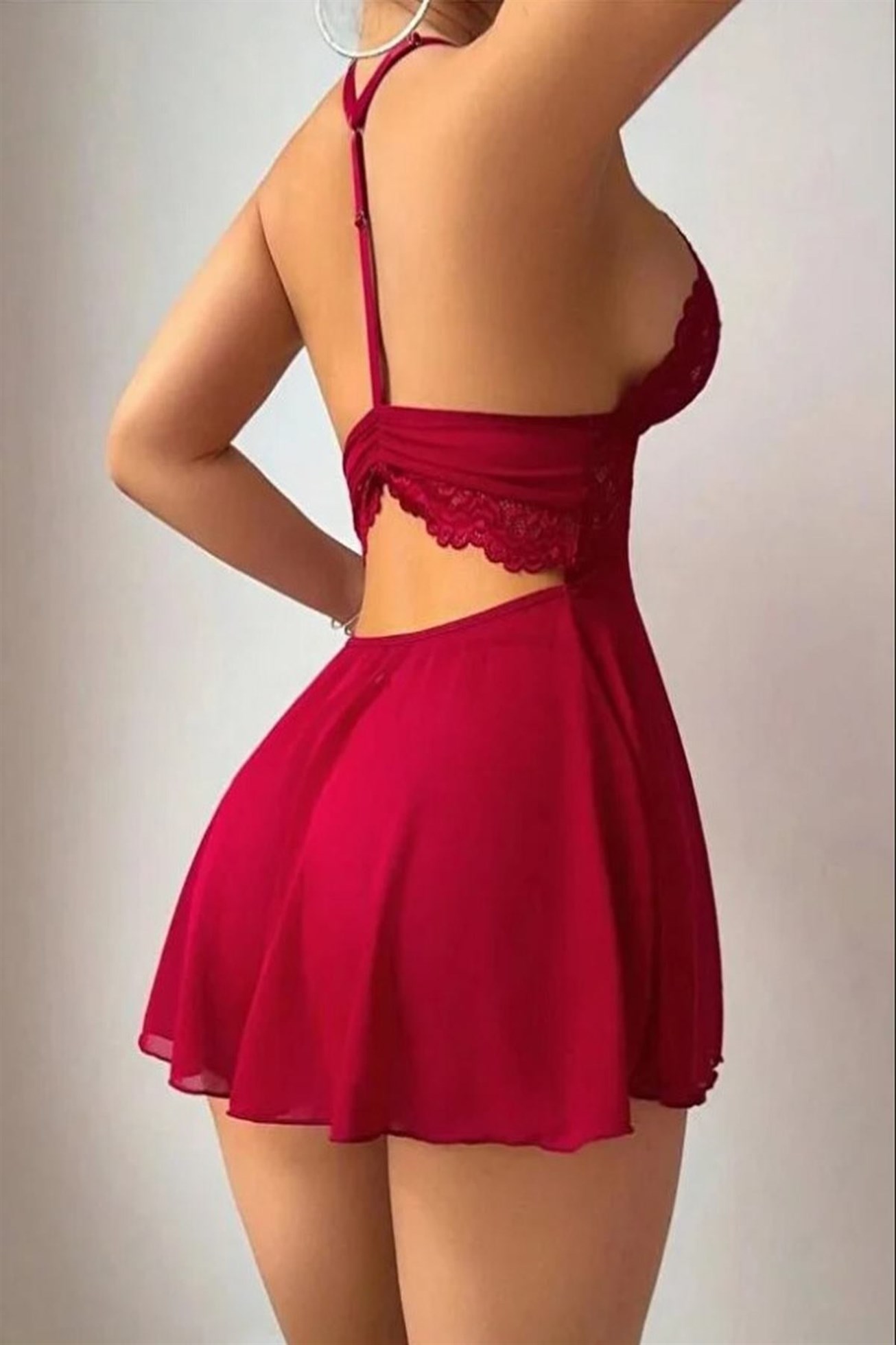 Kadın Kırmızı Dantel Detaylı İp Askılı Fiyonklu Fantezi Babydoll Gecelik
