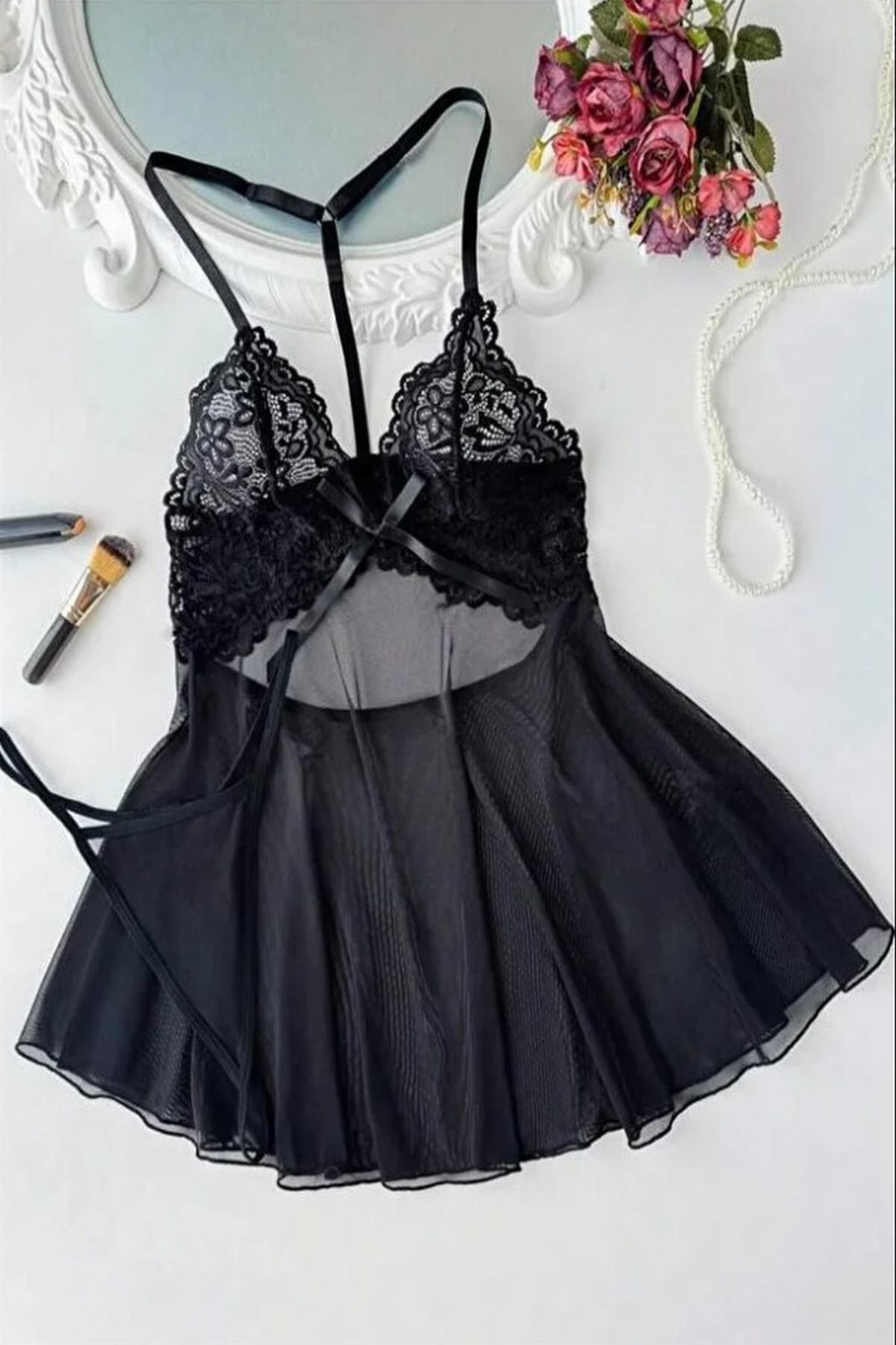 Kadın Siyah Dantel Detaylı İp Askılı Fiyonklu Fantezi Babydoll Gecelik
