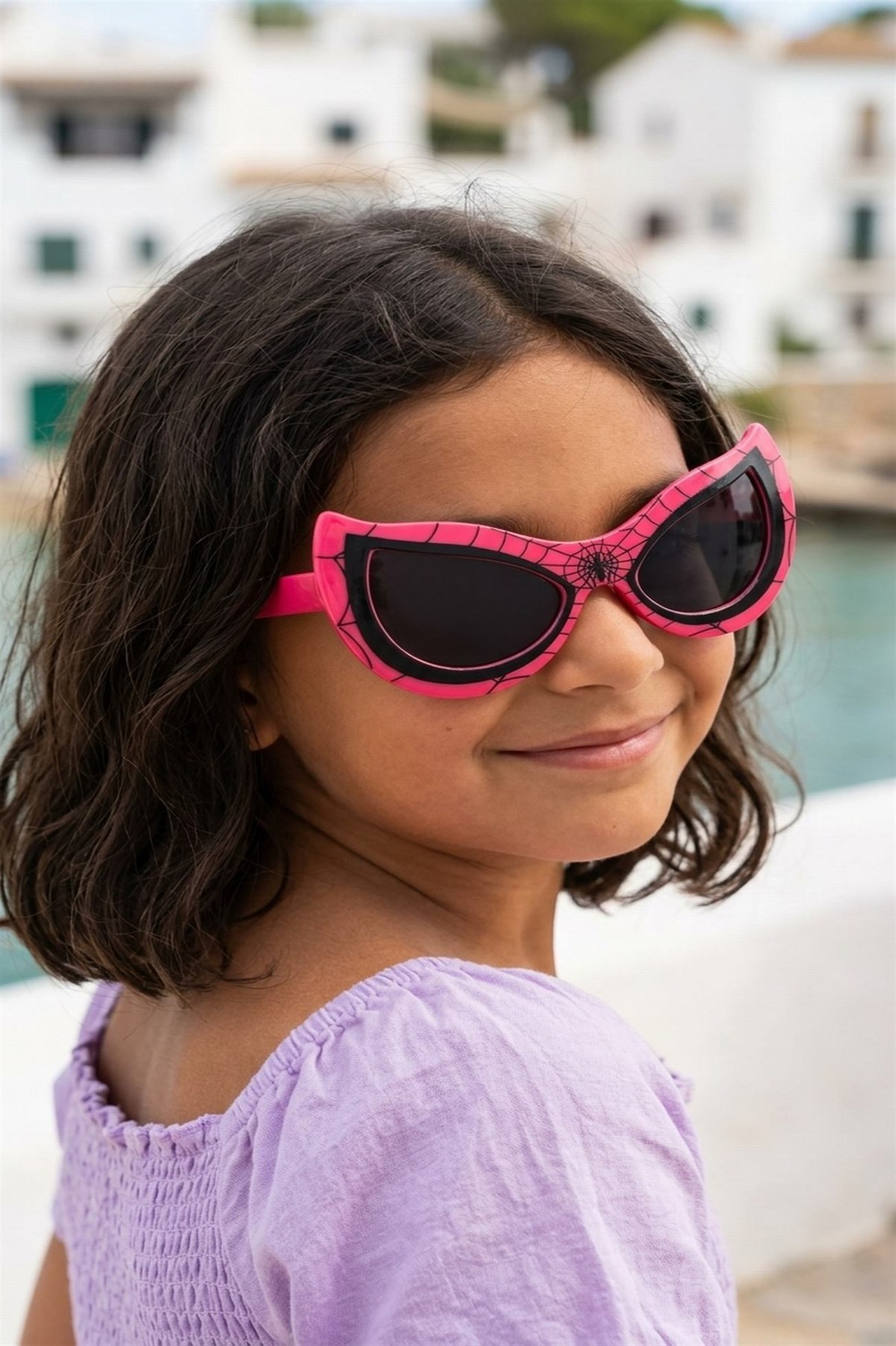Koyu Pembe Örümcek Ağı Temalı Unisex Çocuk Güneş Gözlüğü