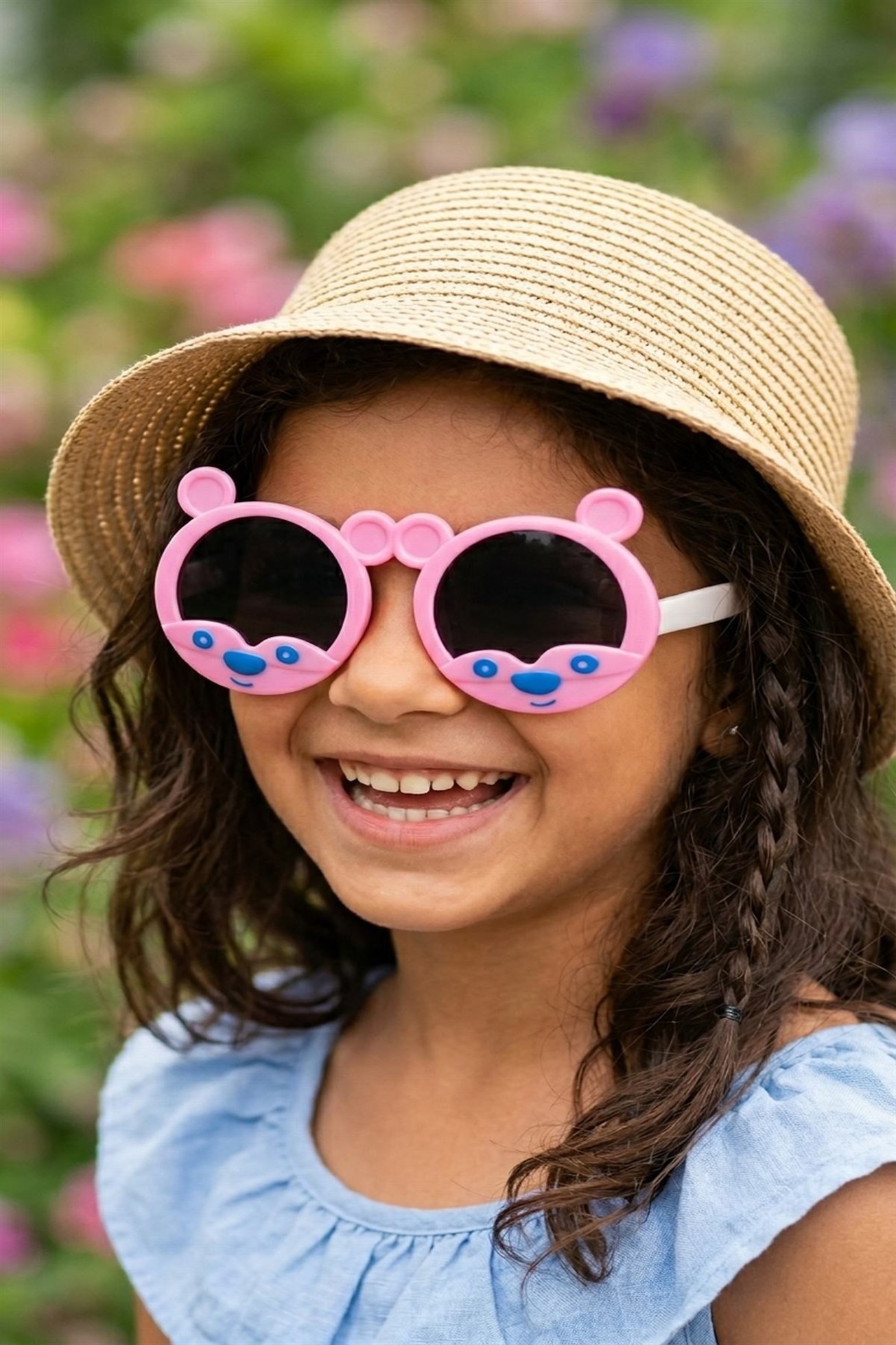 Pembe Ayı Figürlü Kulaklı Eğlenceli Unisex Çocuk Güneş Gözlüğü