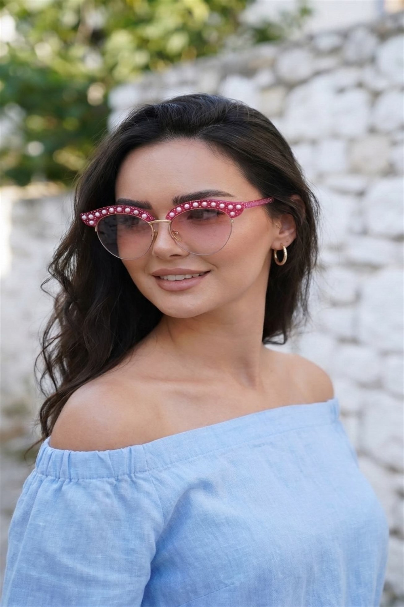 Pembe Kadın İncili ve Taş Detaylı Kedi Gözü Güneş Gözlüğü