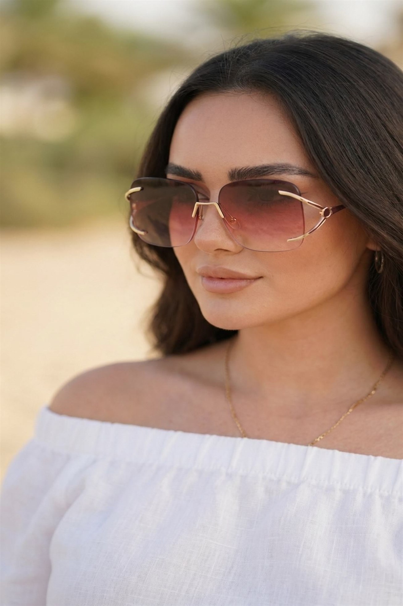Pembe Lüks Tasarım Çerçevesiz Kadın Güneş Gözlüğü Degradeli Cam Model