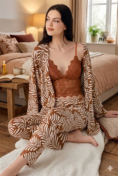 Arnetta Kadın Modal 3lü Pijama Takımı Kahve