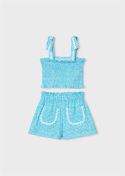 Mayoral Kız Çocuk Petek Desenli Askılı Cep Detaylı 2 Parça Şortlu Takım 3232 Turkuaz