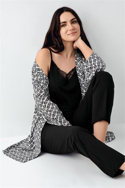 Pierre Cardin Kadın Kışlık %50 Pamuk %50 Modal Regular Fit Siyah Sabahlık Siyah