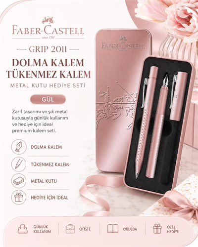 Faber Castell Grip 2011 Dolma Kalem-Tükenmez Kalem Metal Kutu Hediye Seti Gül
