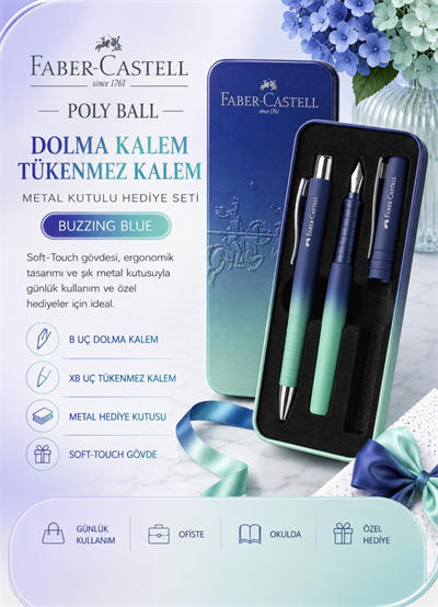 Faber Castell Poly Ball Buzzing Blue Dolma Kalem ve Tükenmez Kalem Hediye Seti