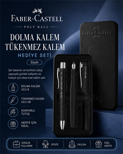 Faber-Castell Poly Ball Dolma Kalem ve Tükenmez Kalem Metal Kutulu Hediye Seti – Siyah