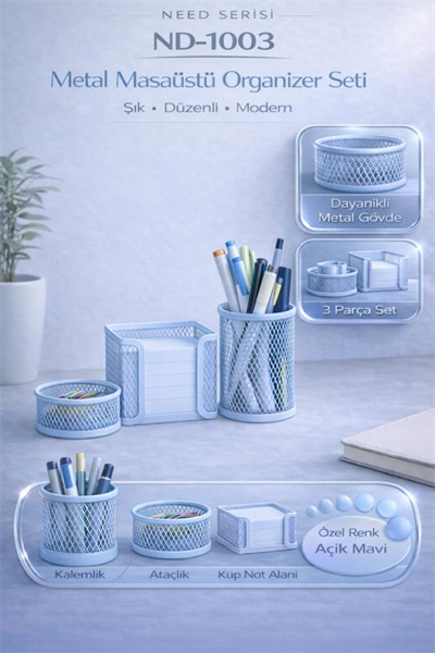 Masaüstü Perfore 3`lü Açık Mavi Kalemlik Seti ND-1003