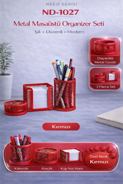 Masaüstü Perfore 3`lü Kırmızı Kalemlik Seti ND-1027