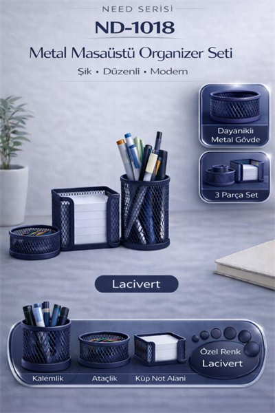 Masaüstü Perfore 3`lü Lacivert Kalemlik Seti ND-1018