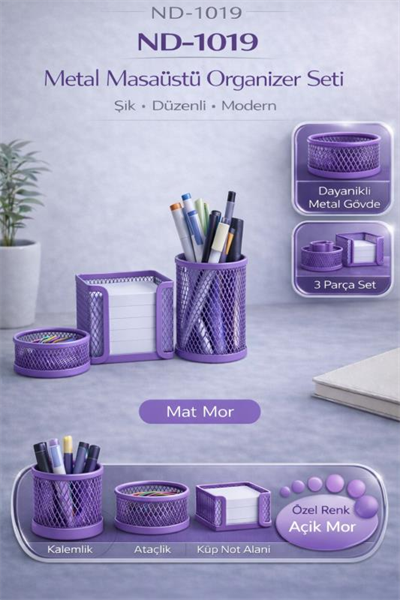 Masaüstü Perfore 3`lü Mor Kalemlik Seti ND-1019