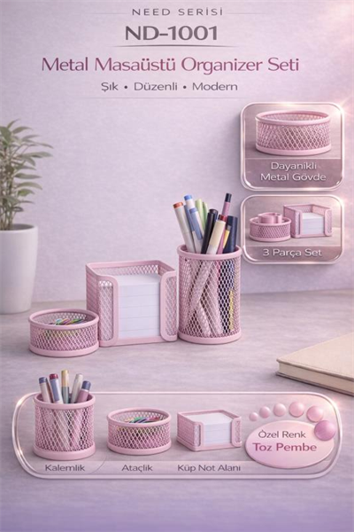 Masaüstü Perfore 3`lü Toz Pembe Kalemlik Seti ND-1001
