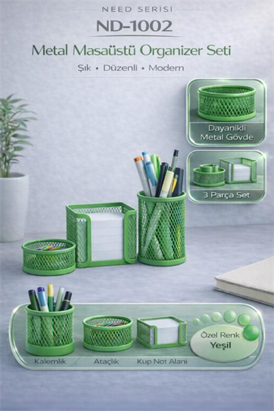 Masaüstü Perfore 3`lü Yeşil Kalemlik Seti ND-1002