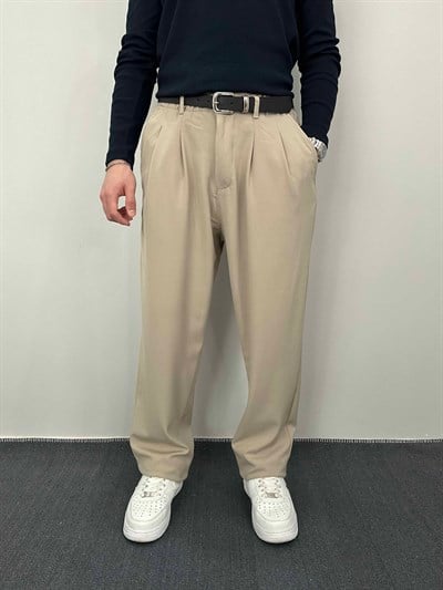 Baggy Pileli Kumaş Pantolon Krem