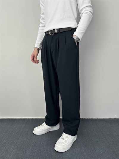 Baggy Pileli Kumaş Pantolon Lacivert