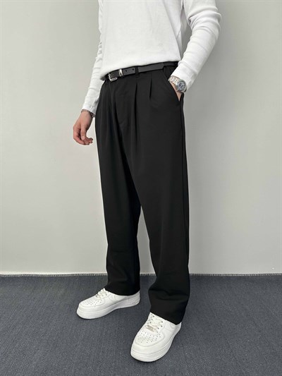 Baggy Pileli Kumaş Pantolon Siyah