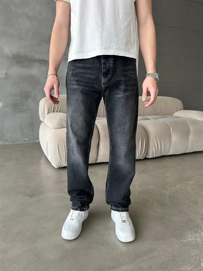 Beyaz Dikişli Regular Jean Siyah