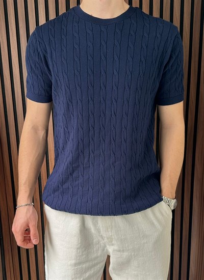 Bisiklet Yaka Örgülü Triko Tshirt Lacivert
