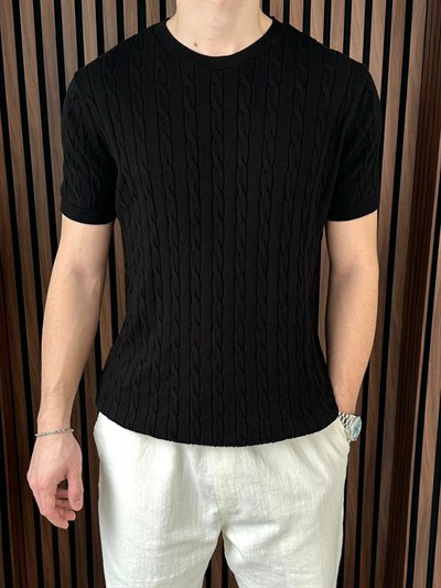 Bisiklet Yaka Örgülü Triko Tshirt Siyah