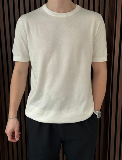Bisiklet Yaka Yaka Triko Tshirt Beyaz