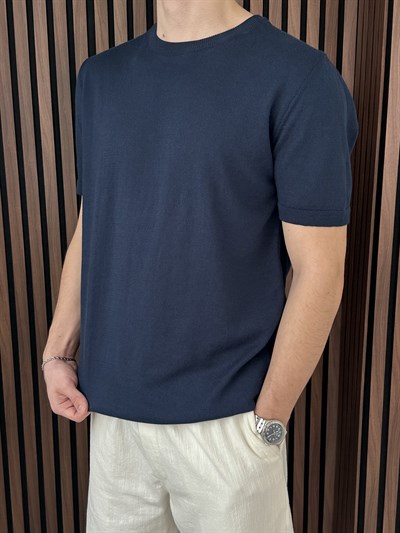Bisiklet Yaka Yaka Triko Tshirt Lacivert